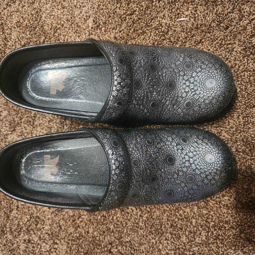 Dansko Black and Gray Mules with Perforated Design